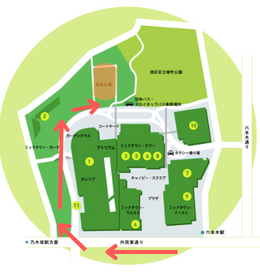 東京ミッドタウン　芝生広場外からの経路マップ
